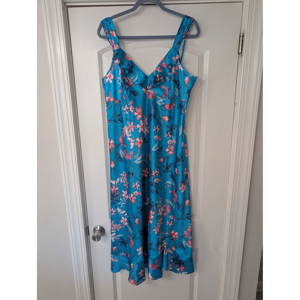 Joanna Hope Turquoise Floral Satin Ruffle Midi Slip Dress Blue Pink‎ US 8/10 NEW